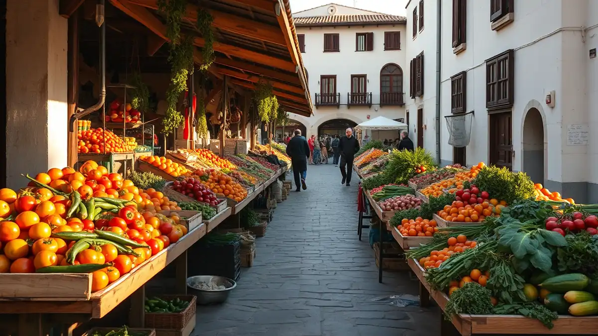 Bunter Marktstand mit Obst und Gemüse in Berat, Verkäufer im Gespräch