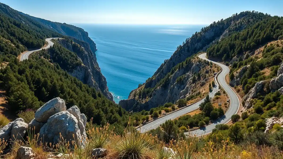 Kurvenreiche Küstenstraße am Llogara-Pass mit Blick auf das Ionische Meer