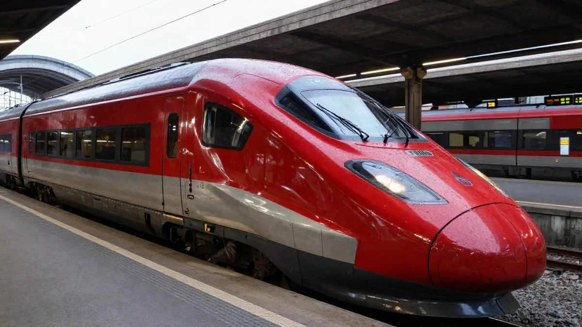 Moderner Schnellzug an einem Bahnsteig in einer italienischen Stadt
