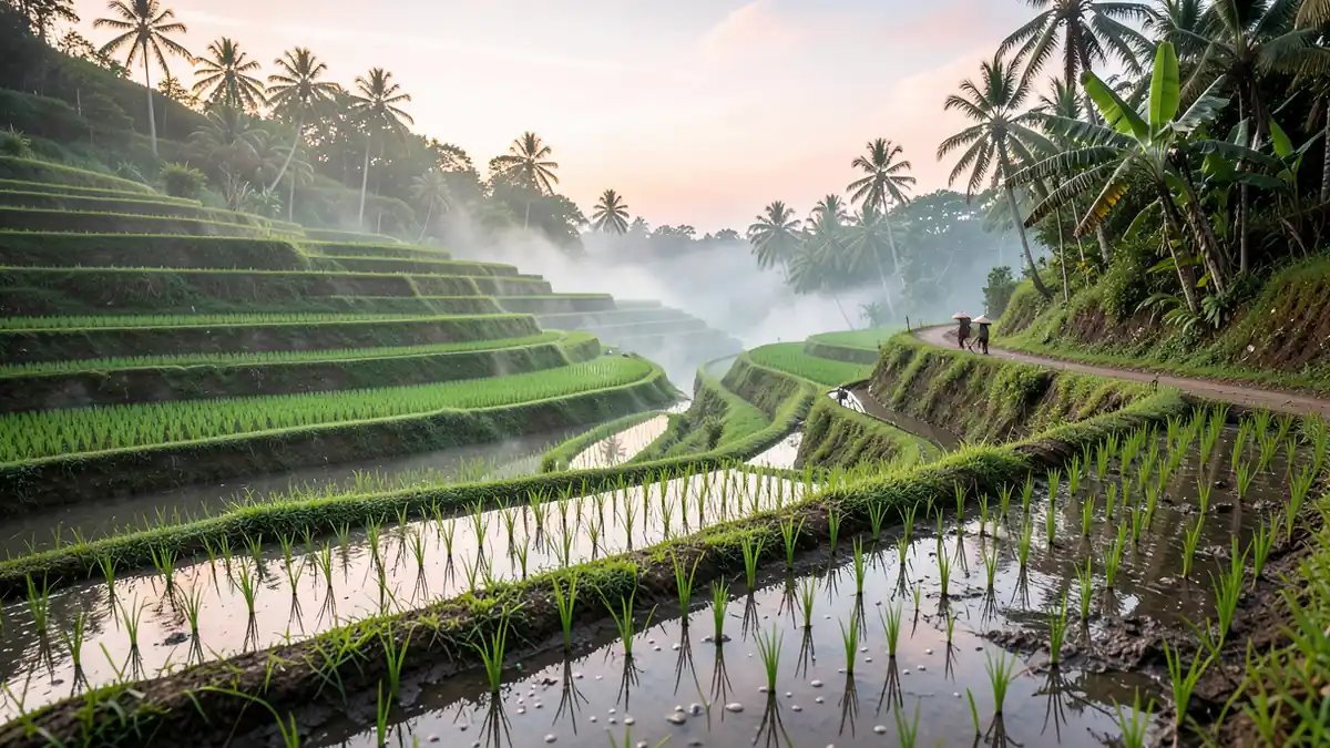 Reisterrasse in Ubud mit Morgennebel
