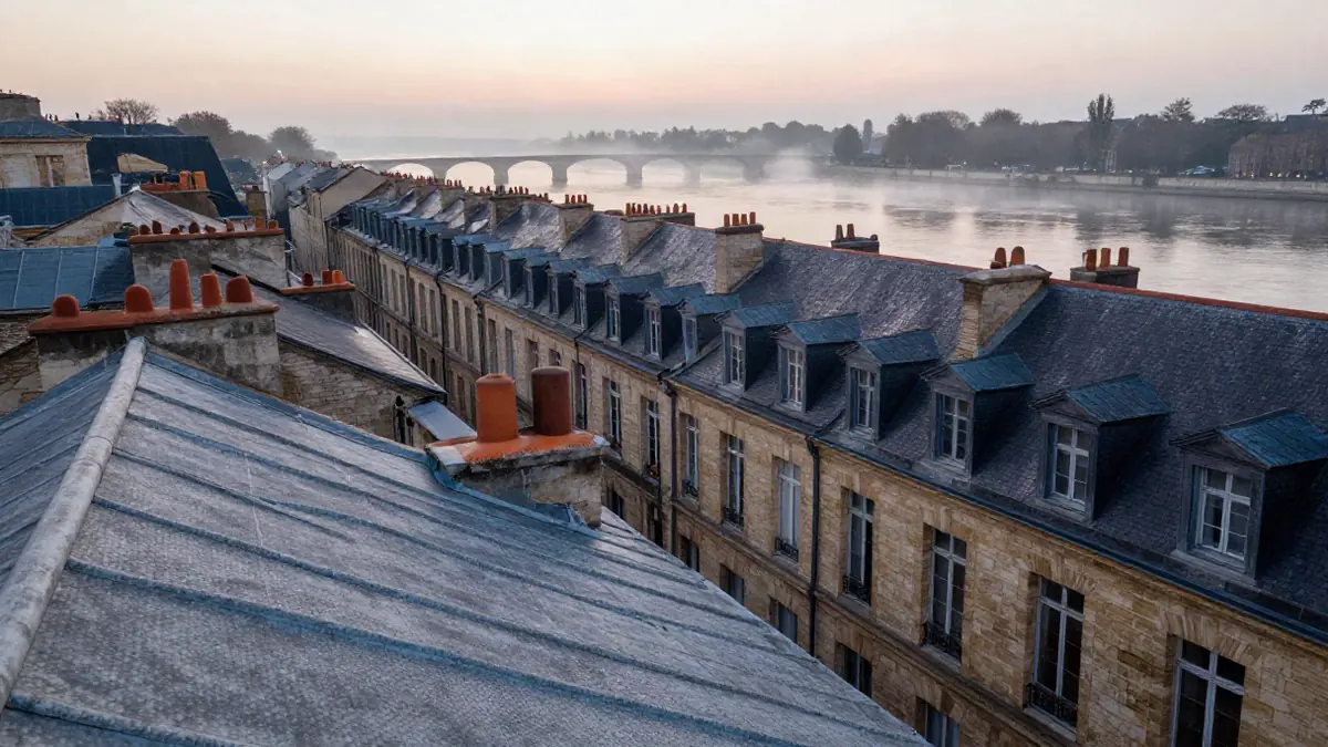 Blick über die Dächer von Bordeaux zur Garonne am frühen Morgen