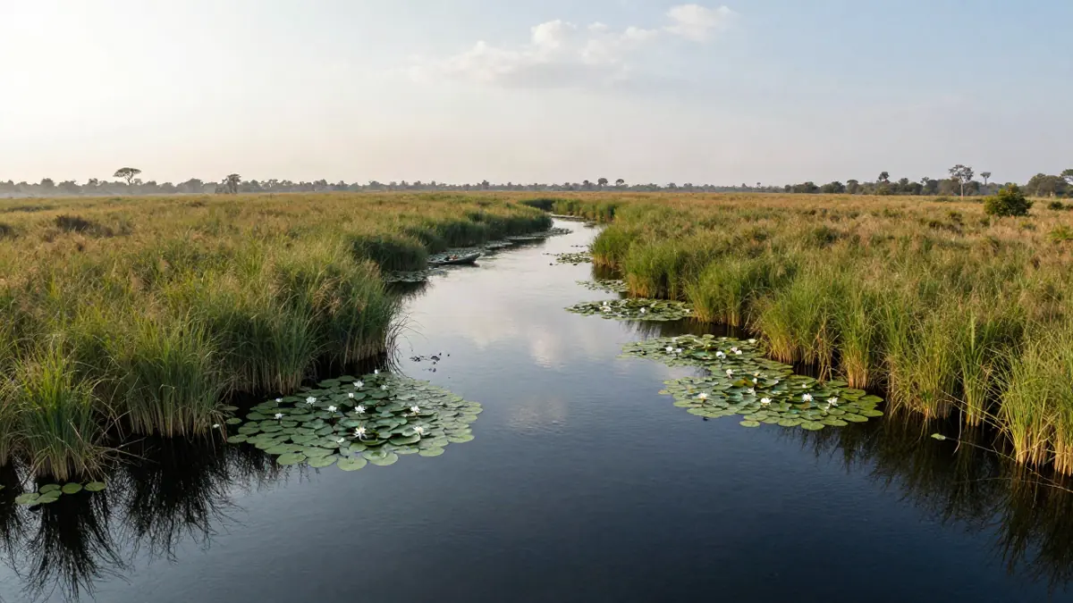 Weite Flusslandschaft im Okavango Delta mit Papyrus und Wasserlilien