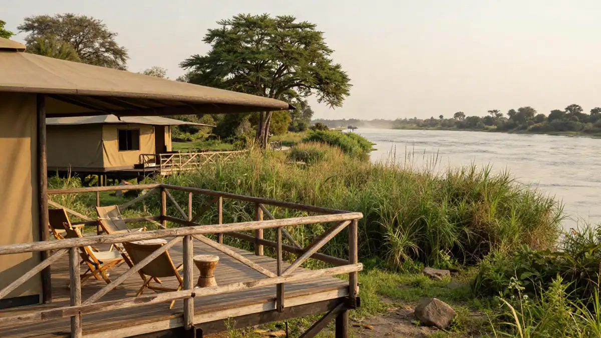 Einfache Safari Lodge am Chobe Fluss mit Blick auf die Ufervegetation