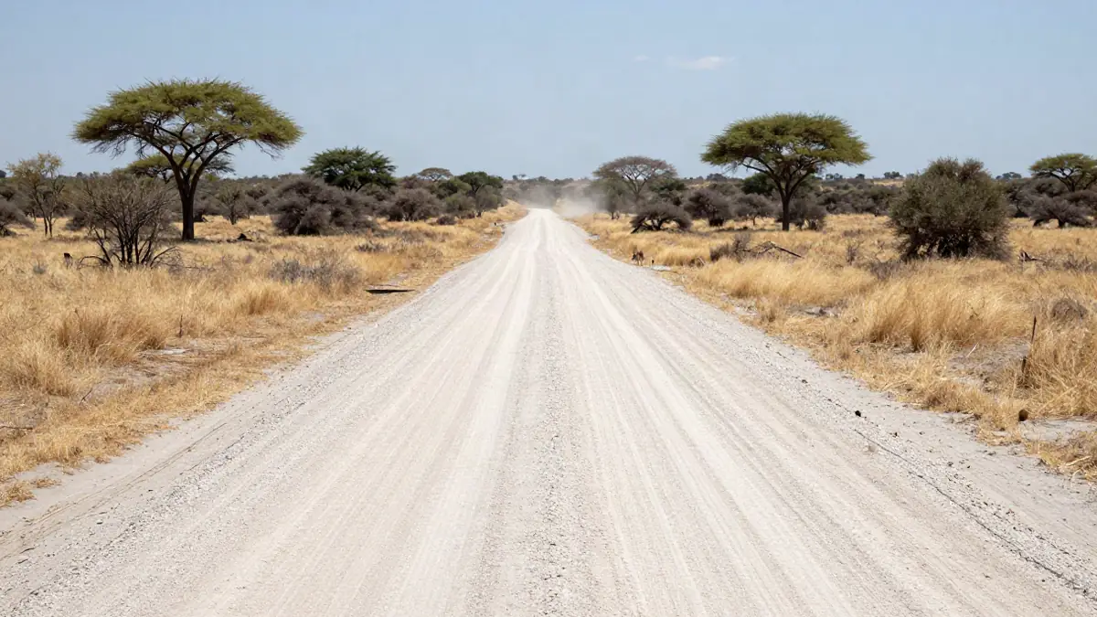 Straße durch den Chobe Nationalpark mit Blick auf Buschland