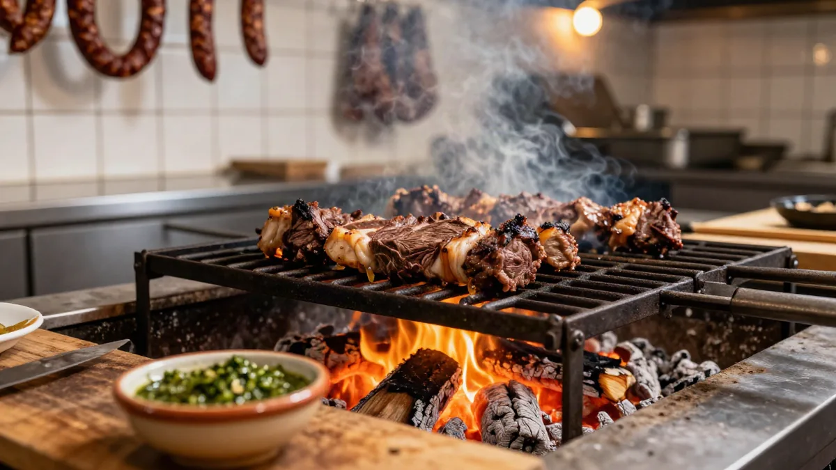 Saftiges Steak auf einem Holzkohlegrill in einem typischen Restaurant