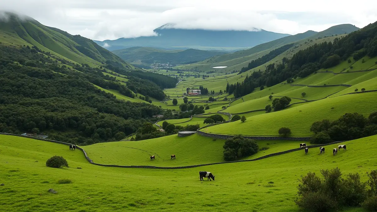 Weite grüne Hügellandschaft mit Vulkan im Hintergrund und tief hängenden Wolken