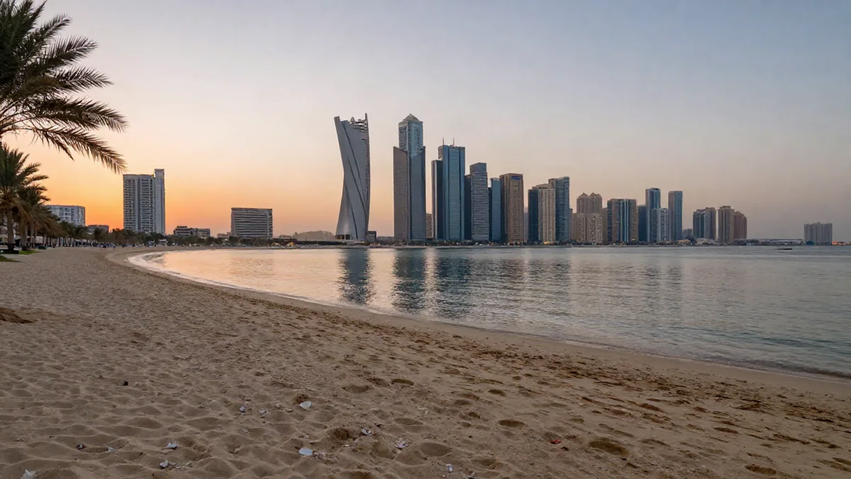 Strand mit Skyline von Dubai bei Sonnenuntergang, keine Menschen