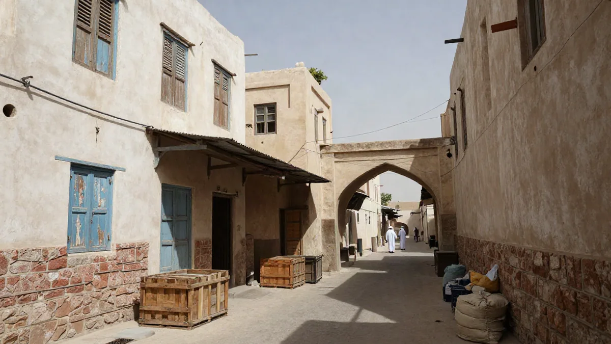 Straßenzug in Deira mit traditionellen Gebäuden und Souk-Eingang
