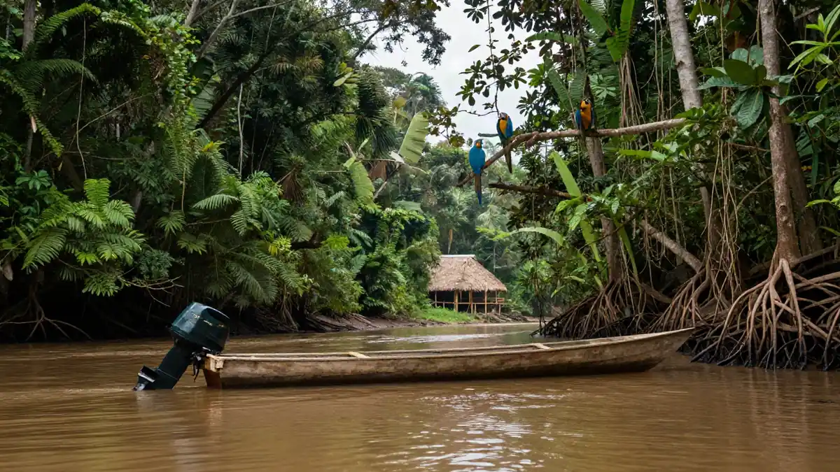 Dschungelfluss im Amazonasbecken mit dichter Vegetation