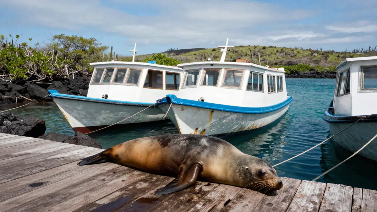 Hafen auf Santa Cruz mit Booten und klarem Wasser
