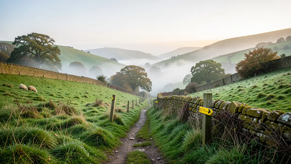 Weitläufige Hügellandschaft mit markiertem Wanderweg und Morgennebel