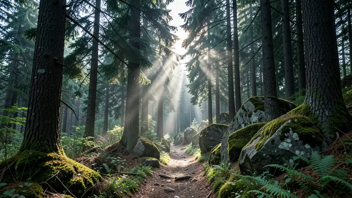 Dichter Schwarzwaldwald mit schmalem Pfad und Sonnenstrahlen