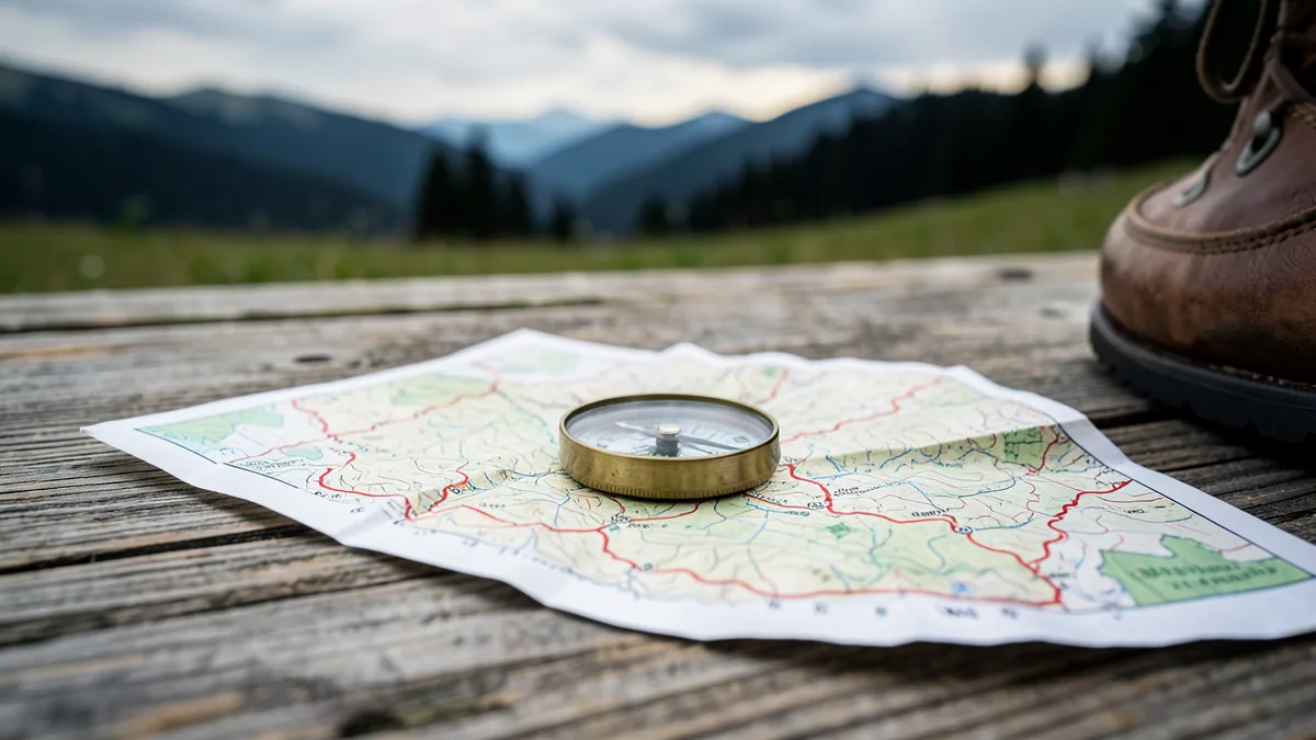 Wanderkarte und Kompass auf einem Holztisch vor Bergkulisse