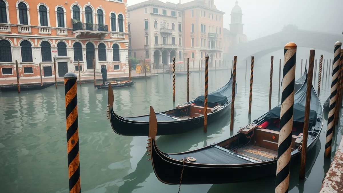 Venezianische Gondeln im Morgennebel mit Masken und historischen Palästen am Canal Grande