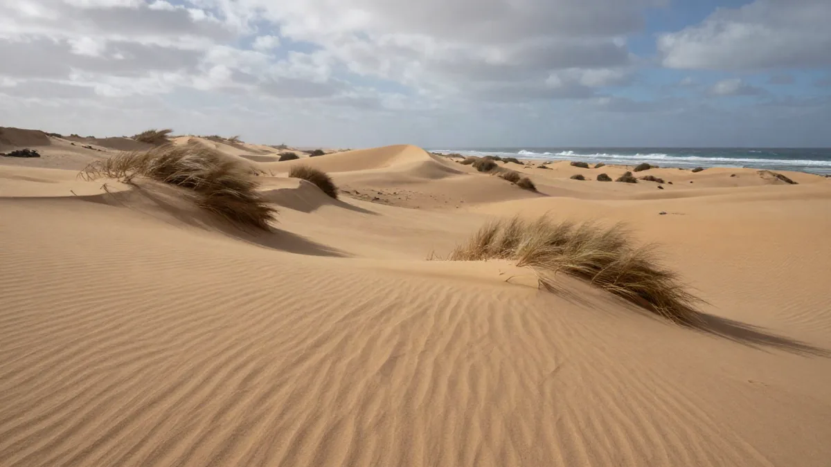 Weite Dünenlandschaft bei Corralejo mit Blick auf den Atlantik