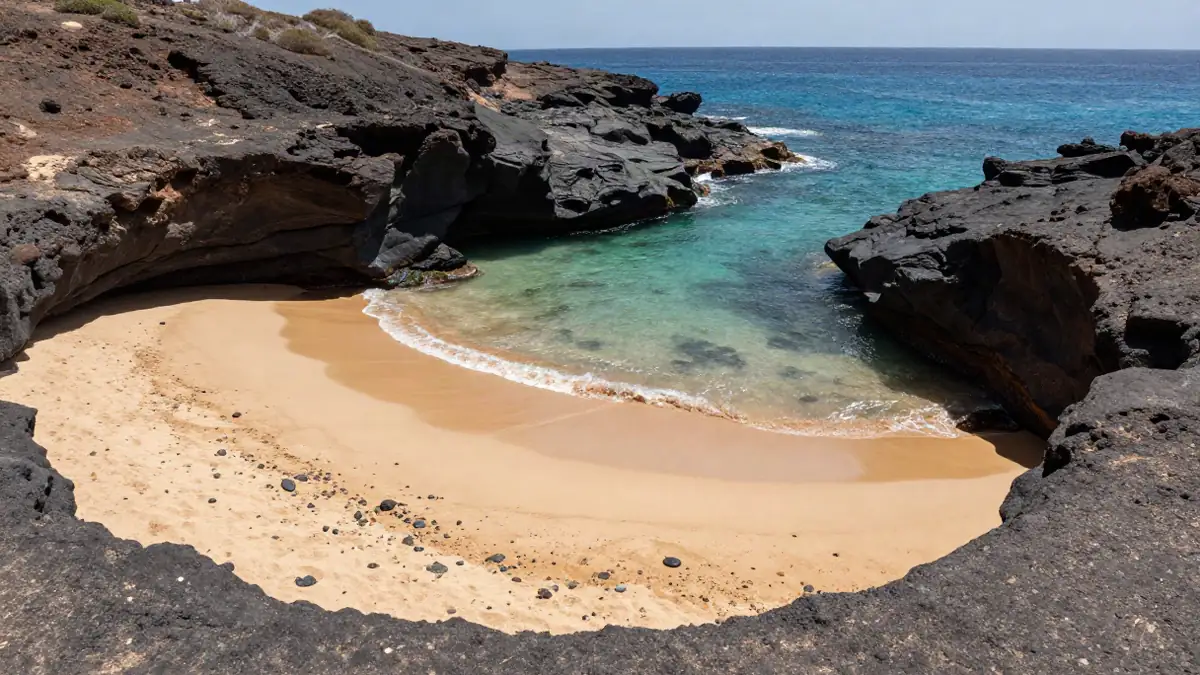 Versteckte Sandbucht mit Felsen und türkisem Wasser