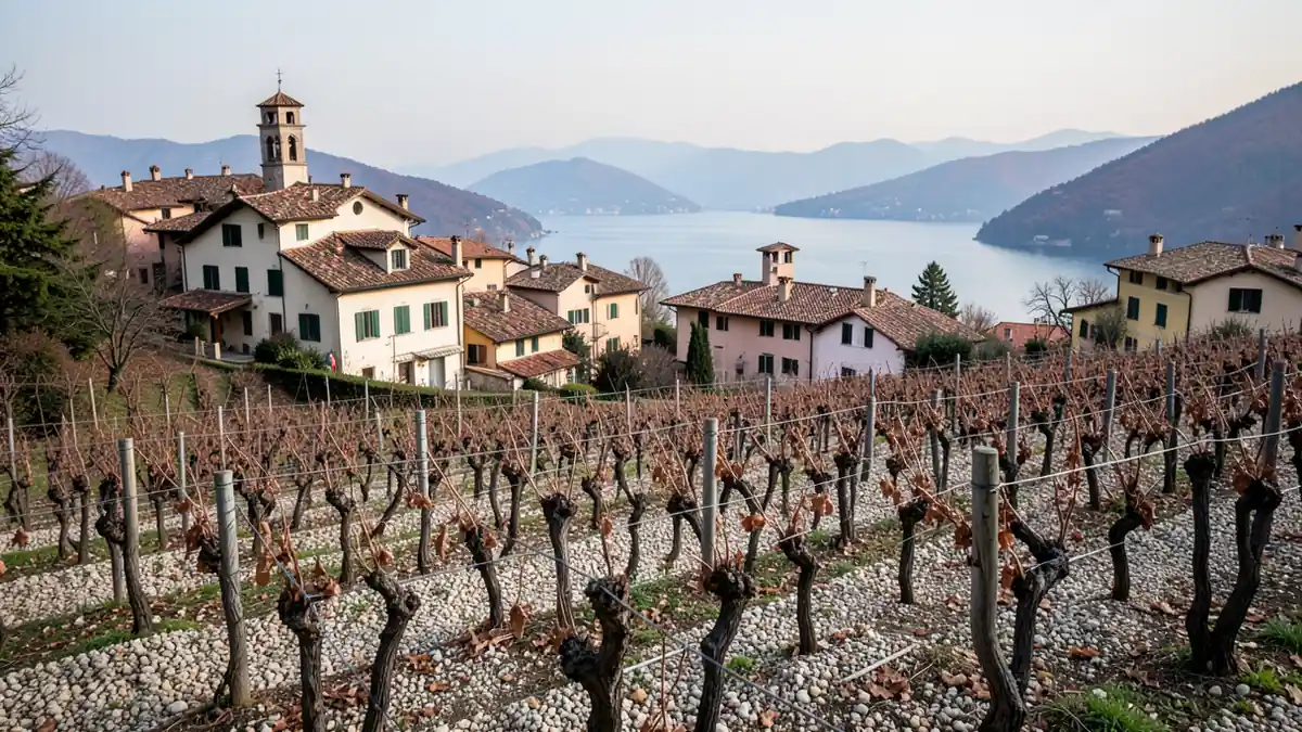 Weinberge bei Bardolino mit Rebstöcken in Herbstfarben und Blick auf den See