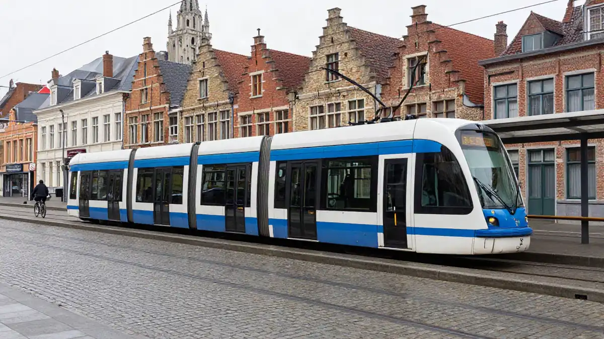 Straßenbahn an einer Haltestelle vor historischer Kulisse