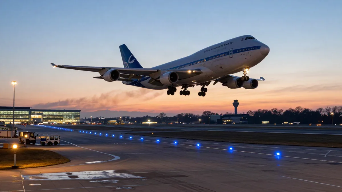 Flughafenrollfeld mit startendem Flugzeug am Abend