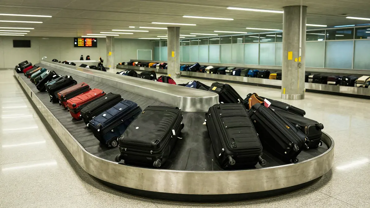 Kofferband am Flughafen mit zahlreichen Gepäckstücken