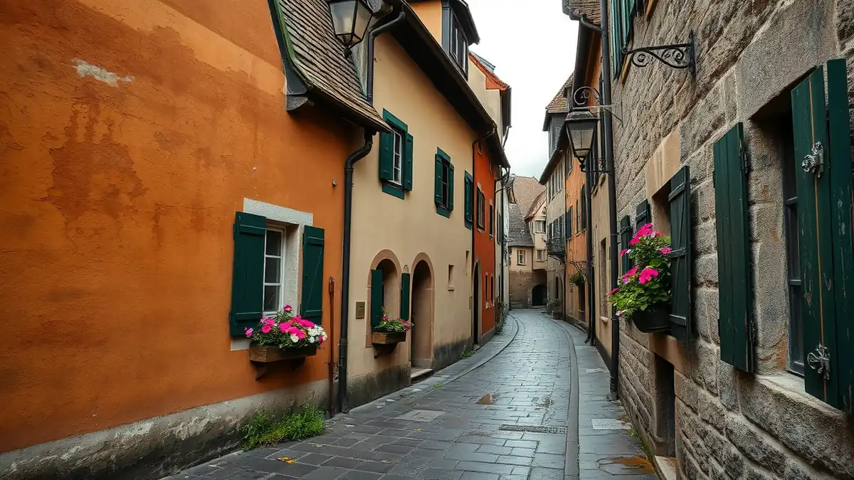 Ruhige Altstadtgasse mit Blumenkästen am Morgen, keine Menschen