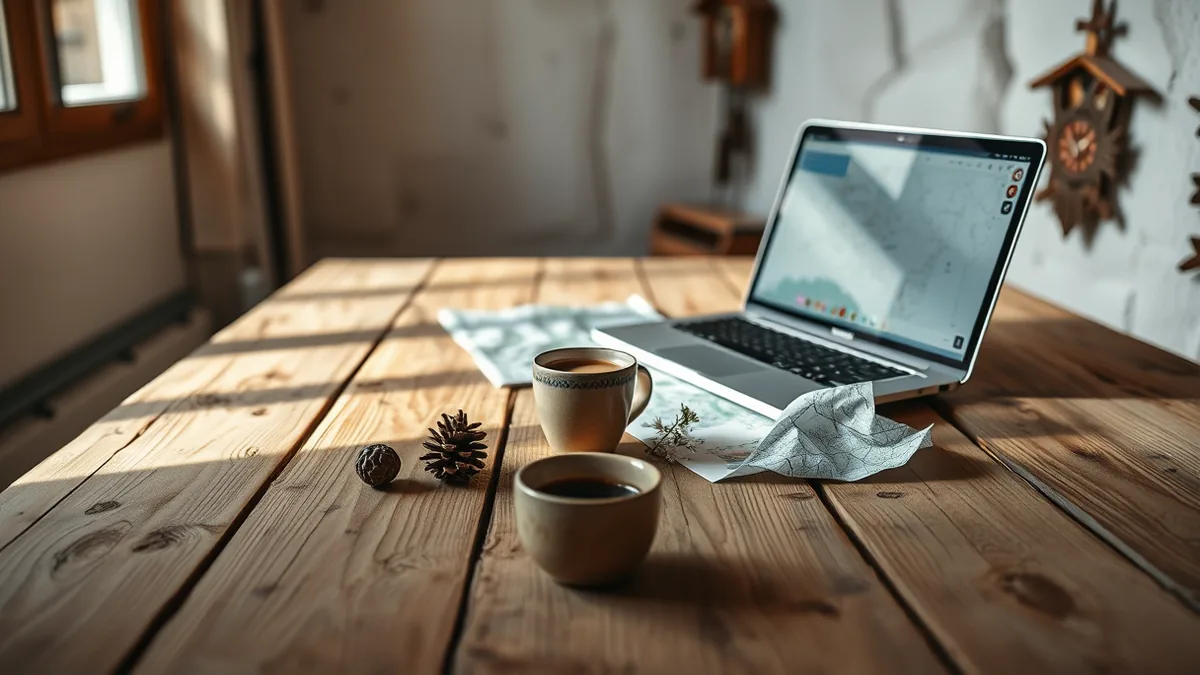 Laptop auf Holztisch mit Landkarte und Kaffeetasse, keine Personen
