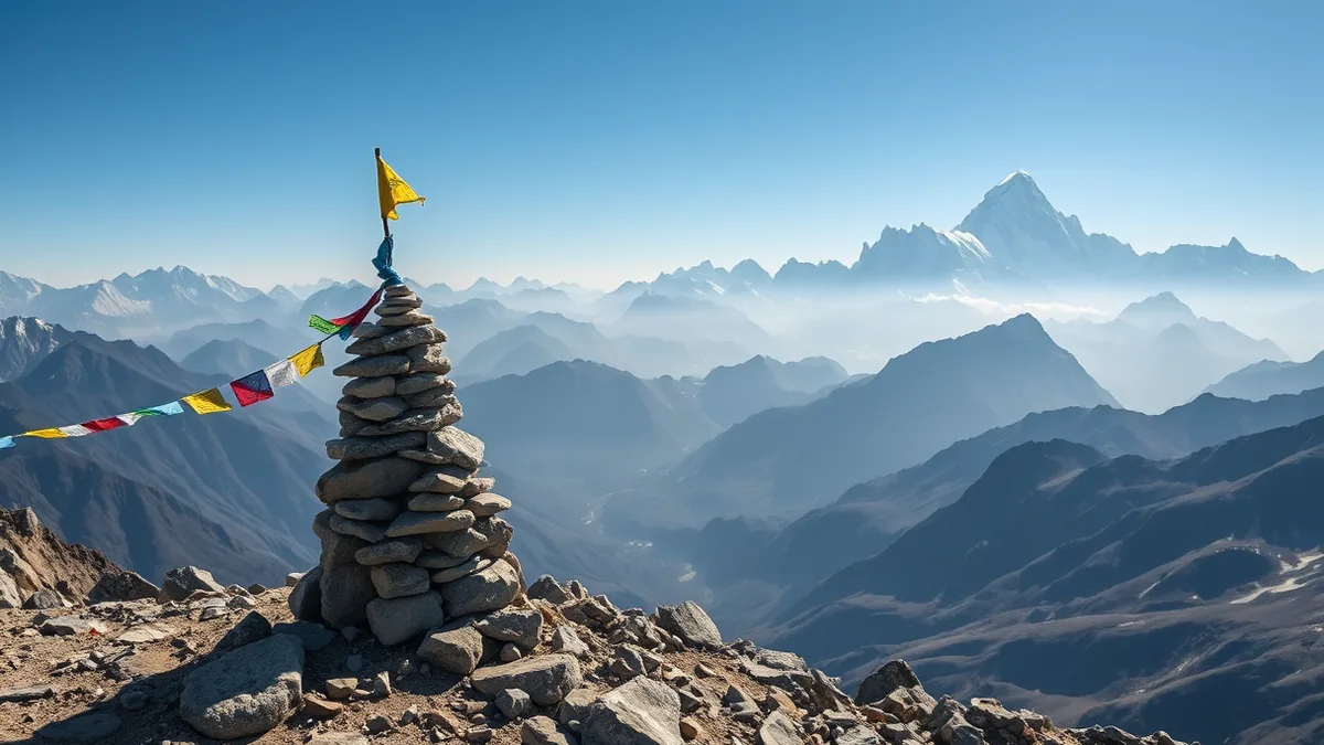 Wanderer prüft Puls an einem Aussichtspunkt im Himalaya