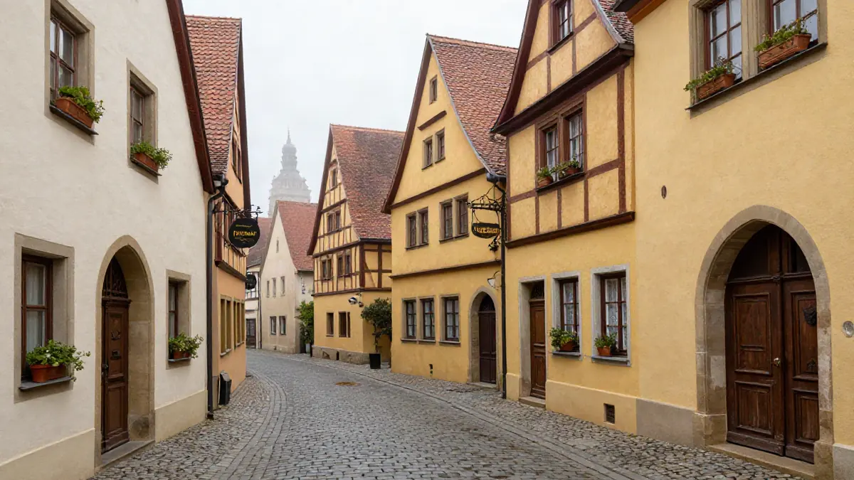 Straße mit kleinen Hotels und Pensionen in einer Altstadt, Fassaden ohne Menschen