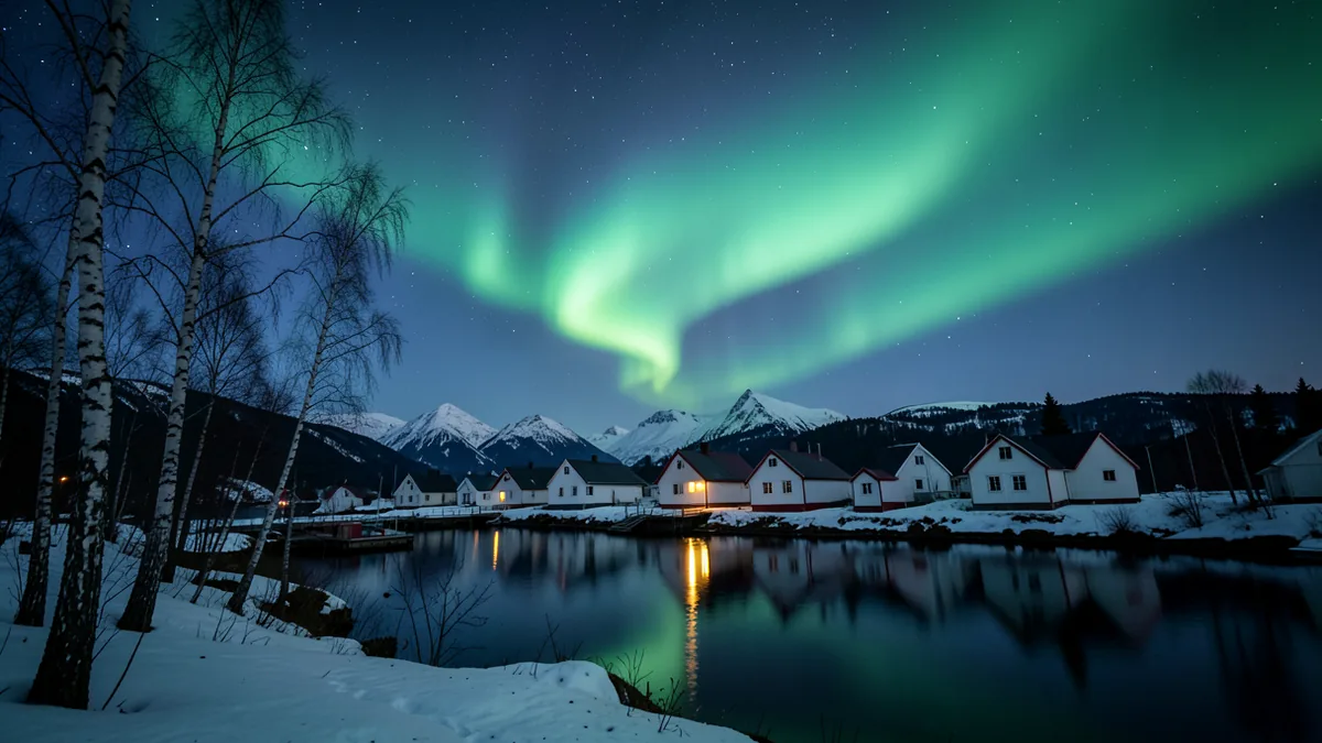 Nordlicht über einem Fischerdorf an der norwegischen Küste