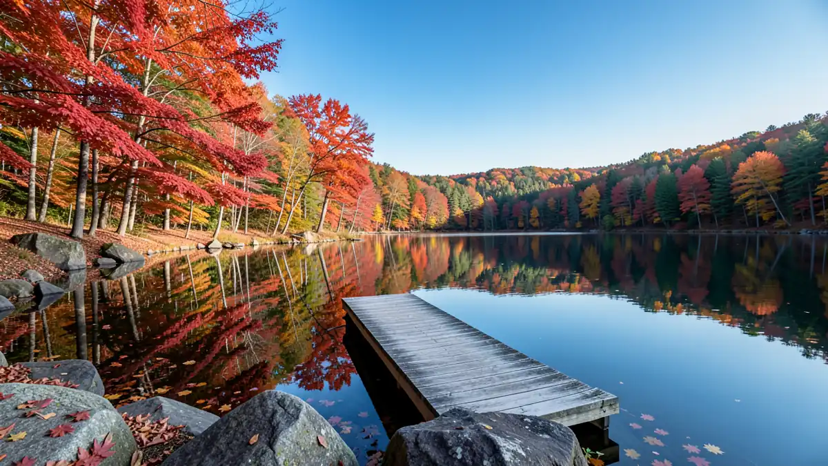 Ahornbäume in leuchtendem Rot und Orange vor einem klaren blauen Himmel über einem See in Vermont