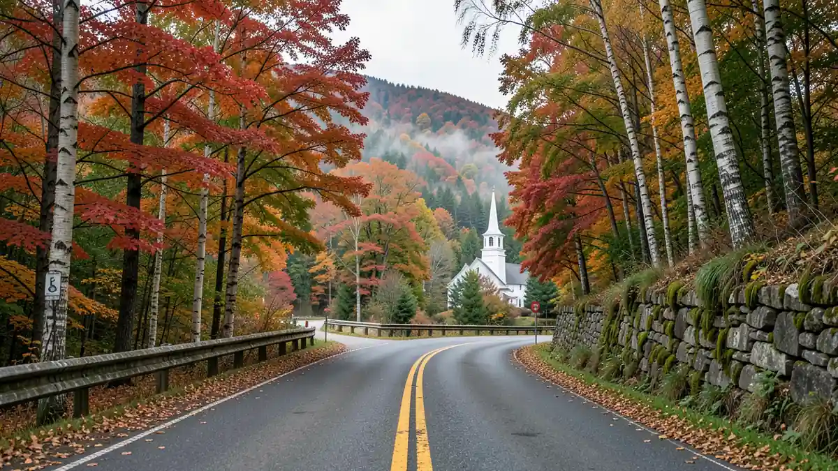 Gewundene Landstraße durch einen Wald mit herbstlich gefärbten Bäumen in den Green Mountains