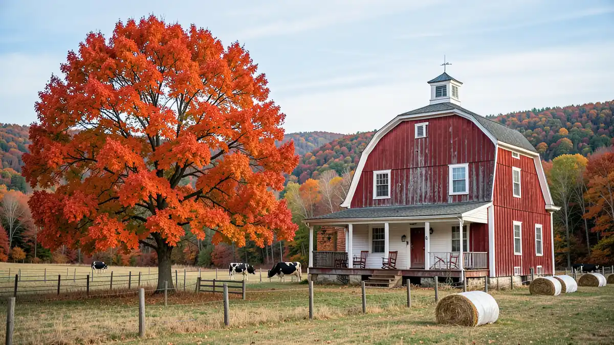 Traditionelle Farm mit Scheune und herbstlich gefärbten Bäumen im Hintergrund