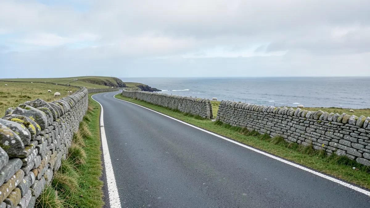 Leere Küstenstraße mit Atlantikblick und niedrigen Steinmauern in Donegal