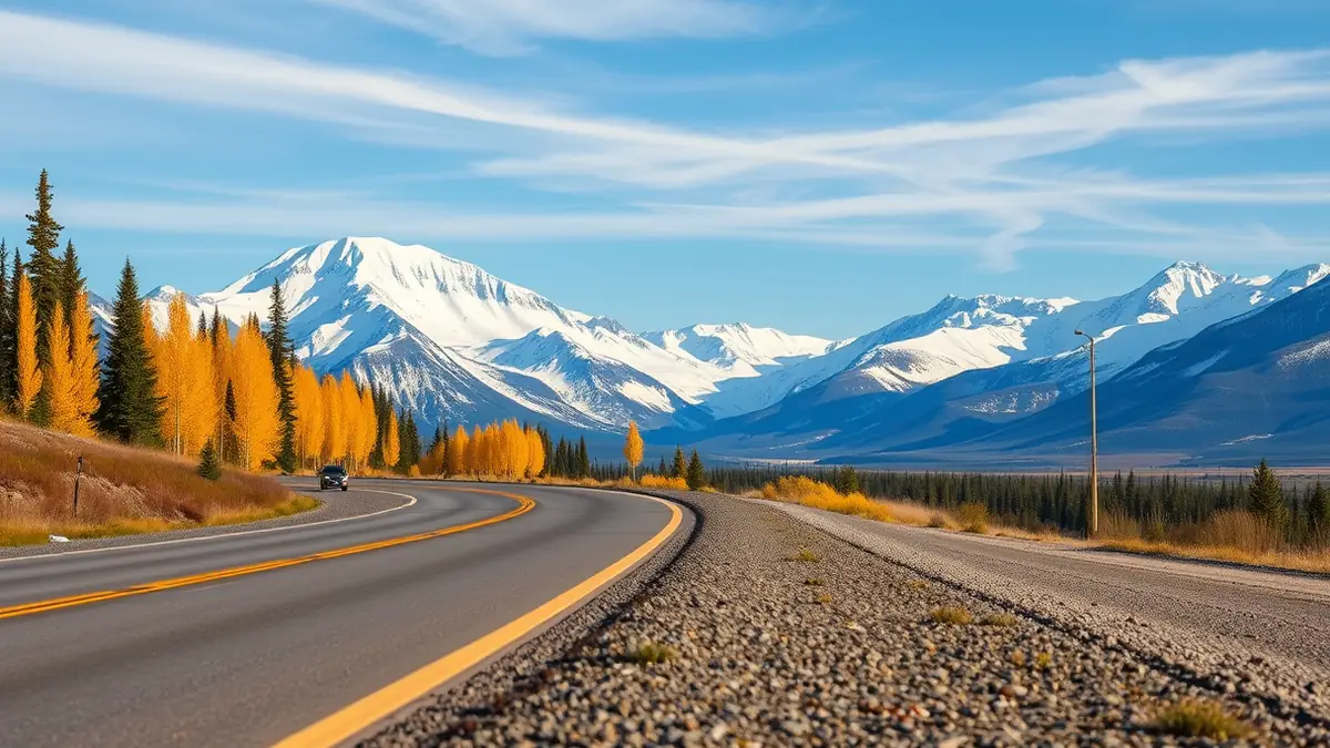 Weite Bergstraße mit schneebedeckten Gipfeln der Rocky Mountains im Hintergrund