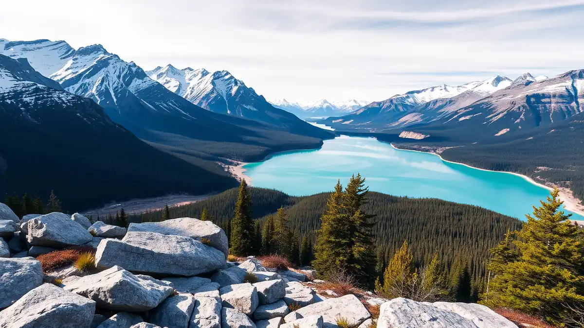 Türkisblauer Gletschersee mit Blick auf das Columbia Icefield