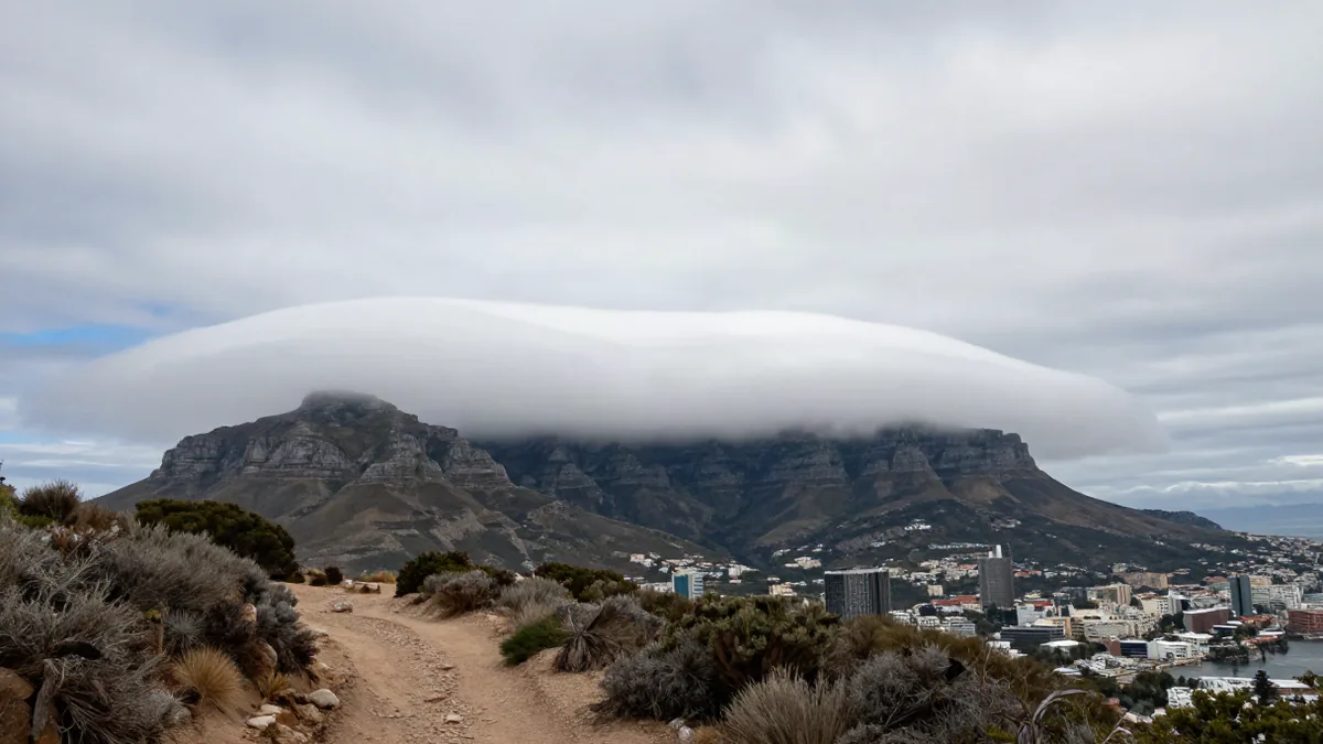 Tafelberg mit flacher Wolkenbank über der Stadt