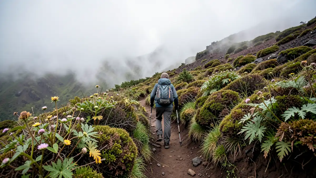 Wanderer auf dem Kilimandscharo mit Ausrüstung
