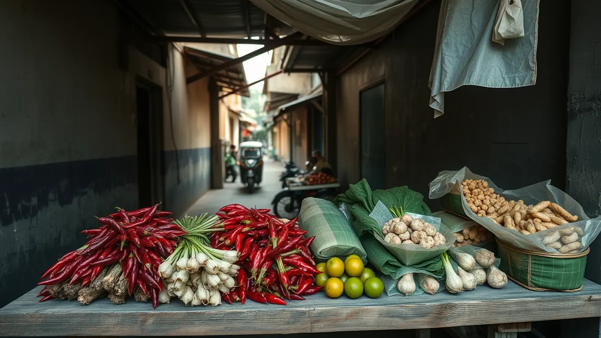 Marktstand mit frischen Gewürzen und Kräutern in Bangkok, ohne Menschen im Vordergrund