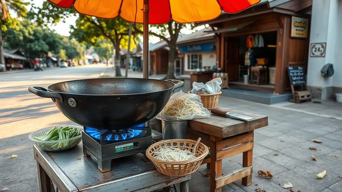 Garküche mit Wok und frischen Zutaten am Straßenrand in Chiang Mai, ohne Menschen