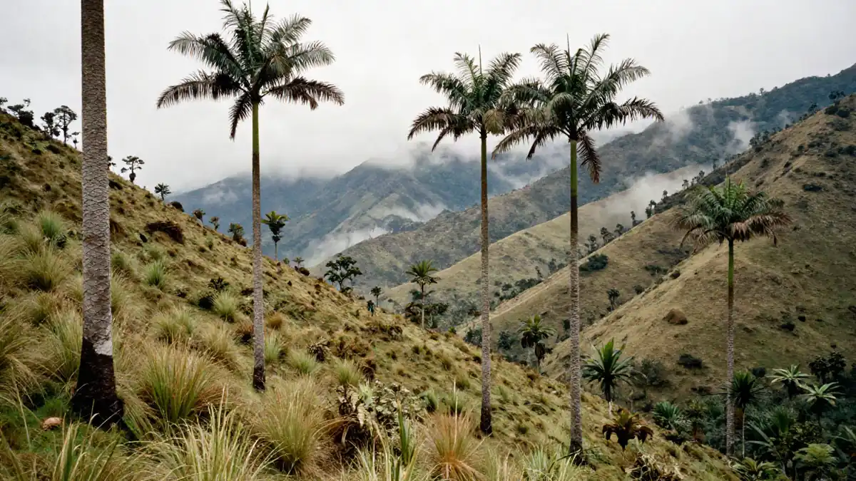 Wachspalmen im Cocora-Tal vor grünen Hügeln