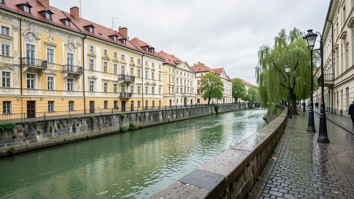 Blick über die Teplá mit den historischen Kurhäusern von Karlsbad