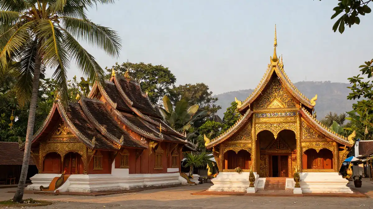 Goldene Tempeldächer von Luang Prabang zwischen Palmen am frühen Morgen