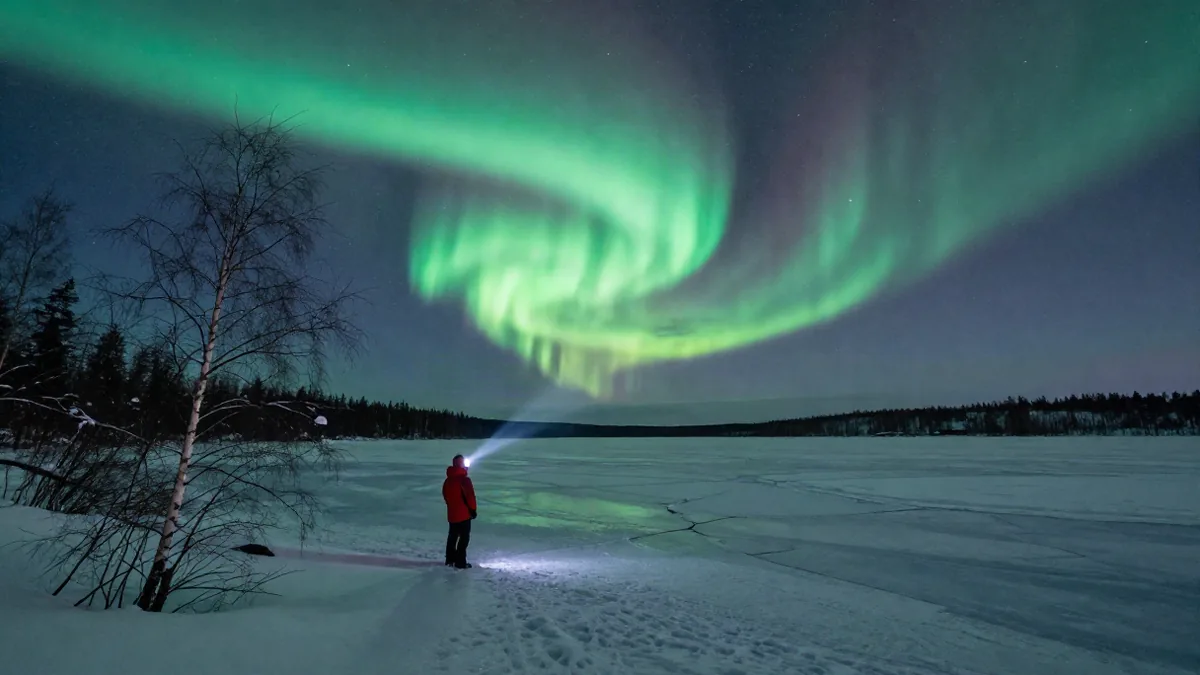 Verschneite Landschaft mit Polarlichtern über einem zugefrorenen See