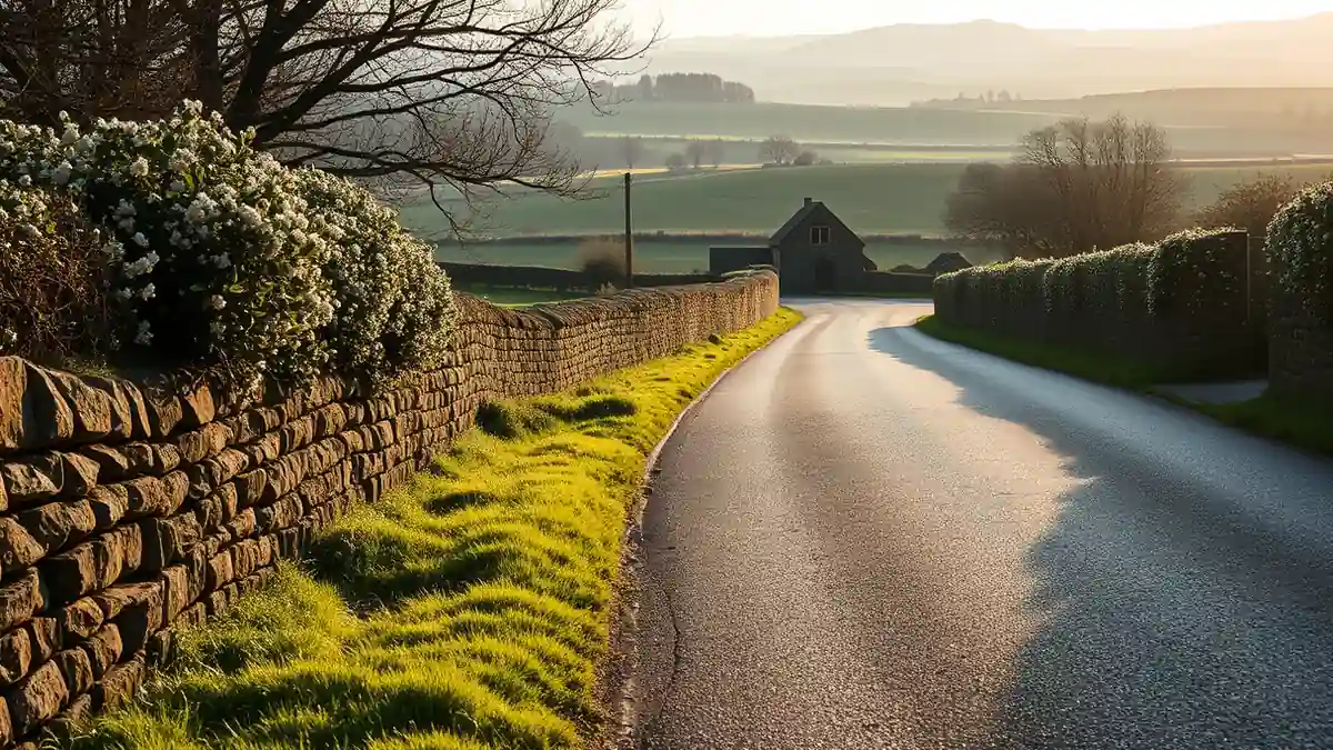 Leere Landstraße in den Cotswolds mit Hecken und Steinmauern am Morgen