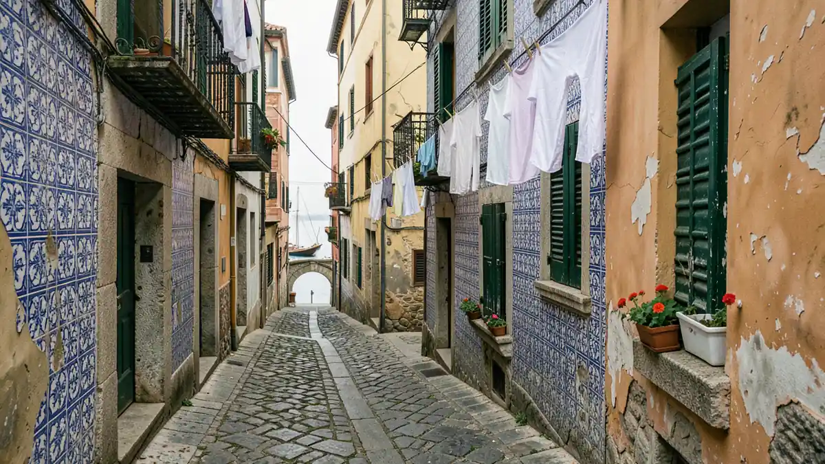 Enges Gassenviertel in Porto mit azulejoverzierten Hausfassaden