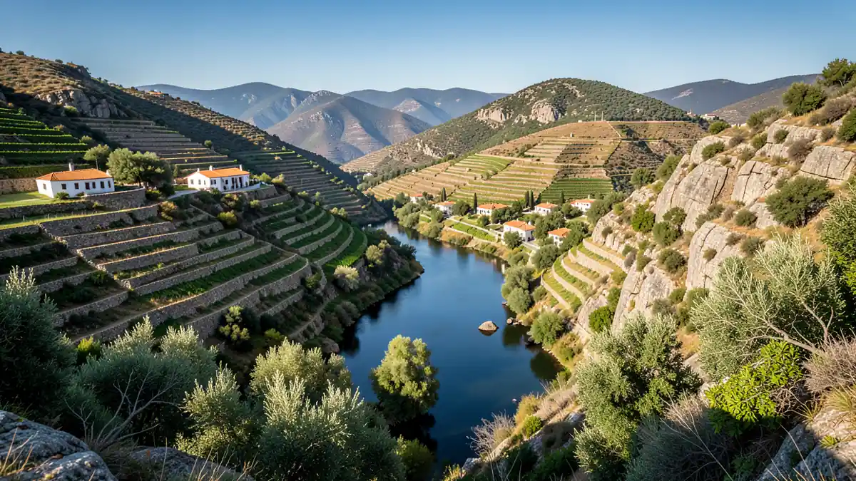 Weinterrassen am Douro mit Blick auf den Fluss