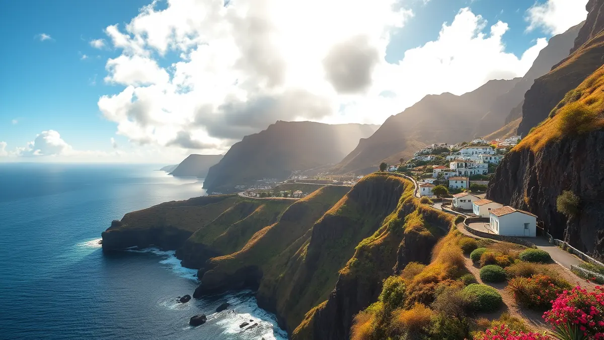 Blick auf die Steilküste bei Ponta do Sol mit grünen Hängen und Atlantik