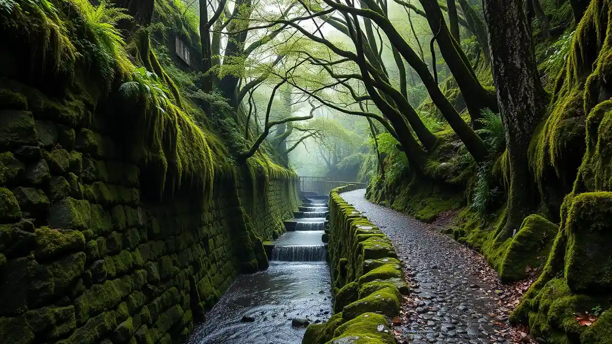 Levada-Kanal mit moosbewachsenen Mauern im Lorbeerwald von Queimadas