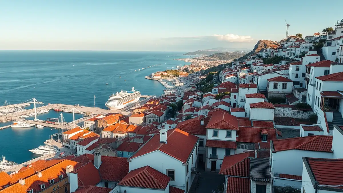 Blick über die Dächer von Funchal mit Hafen und Atlantik im Hintergrund