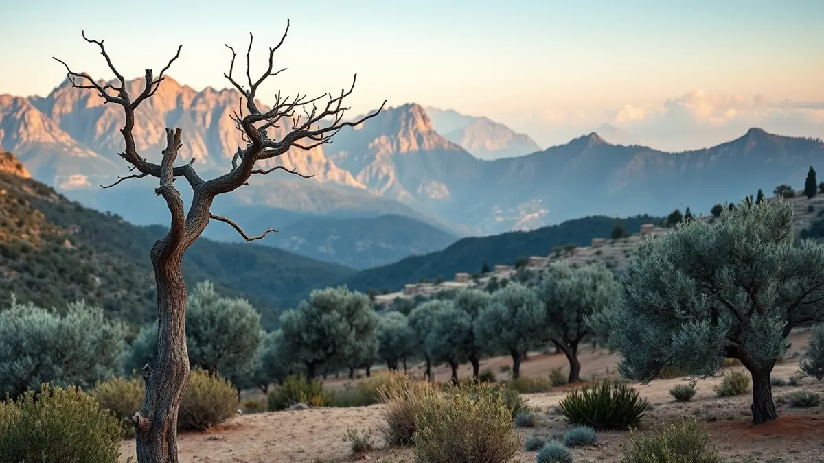 Weitwinkelaufnahme der Tramuntana-Bergkette im Morgenlicht mit Olivenhainen im Vordergrund